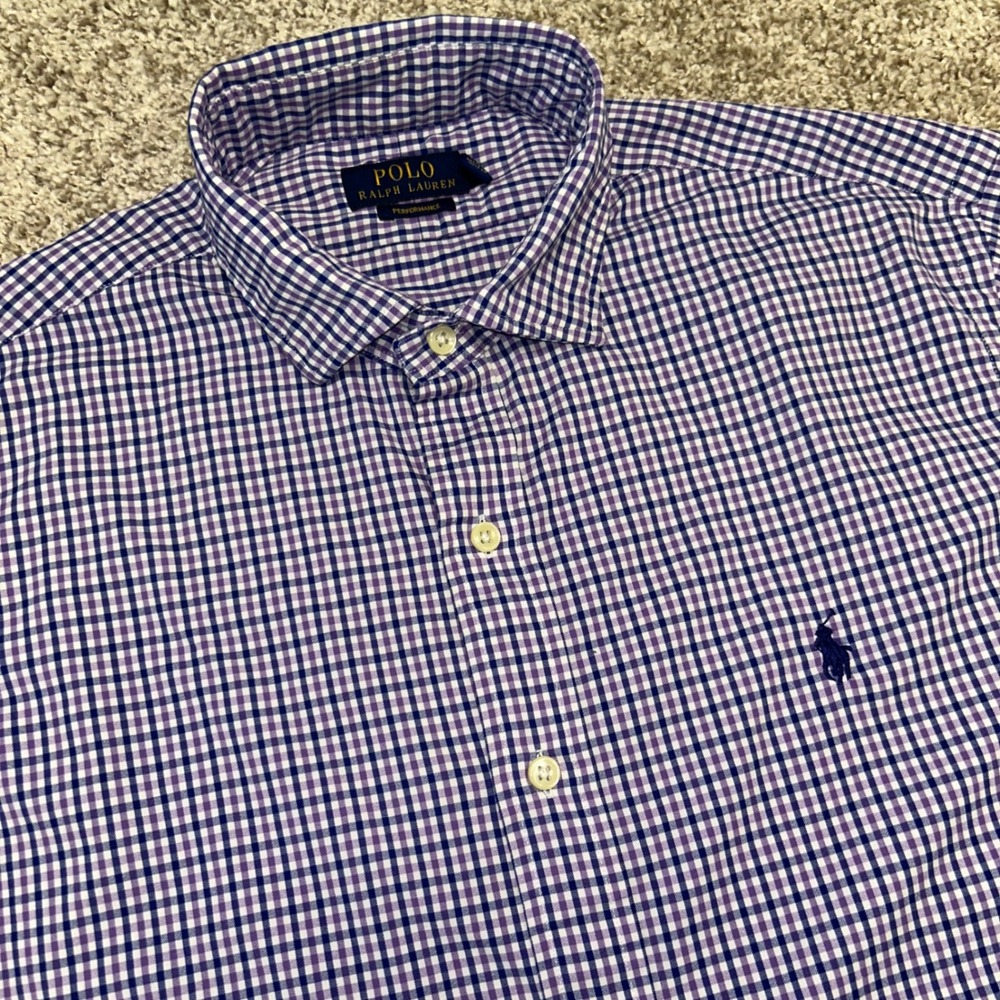 Polo Ralph Lauren Performance Button Front Purple Plaid Shirt Men Size Large‎